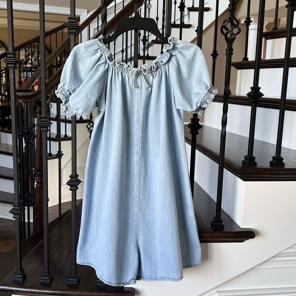 Zara Girls Denim Off-Shoulder Puff Sleeve Ruffle Romper Sz 11/12 (fits 10)